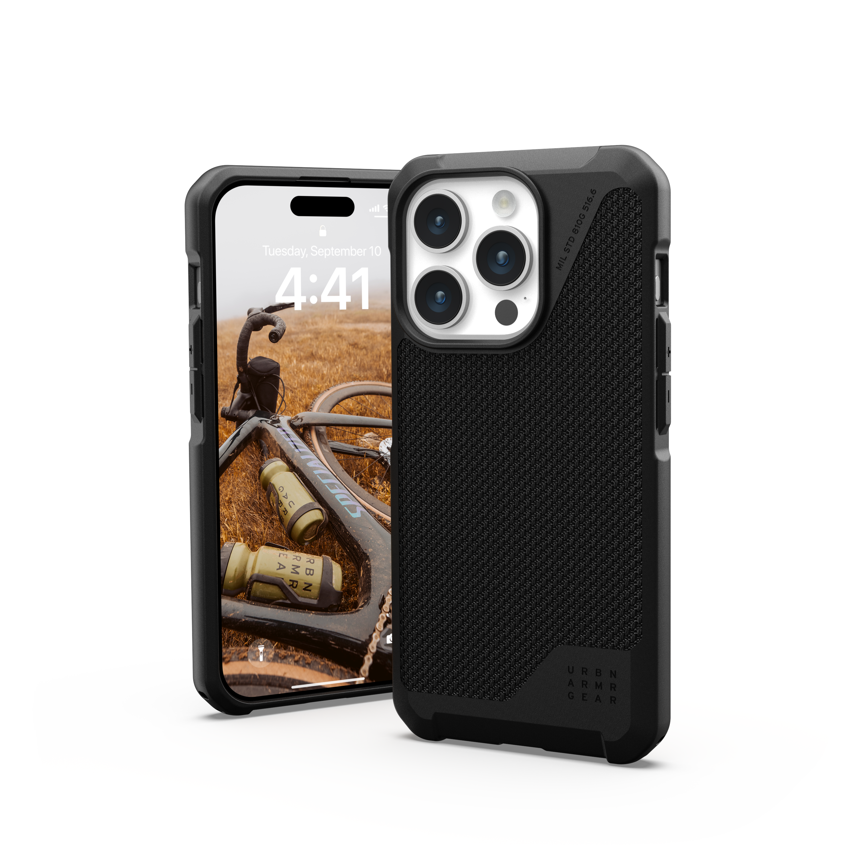 Funda negra para teléfono en un teléfono con una imagen de bicicleta en la pantalla.