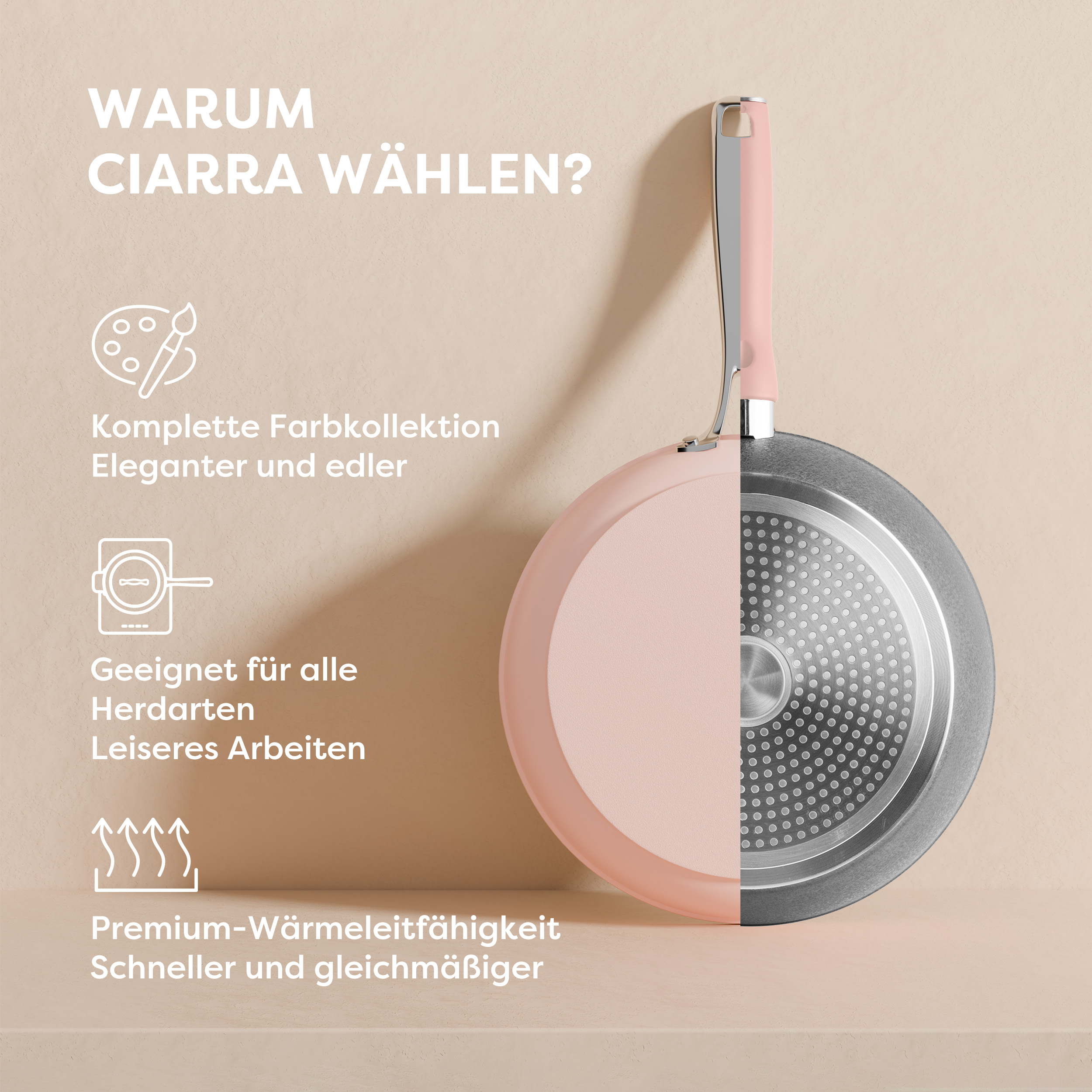 Rosa und graue Bratpfanne mit Text über ihre Eigenschaften, einschließlich Wärmeleitfähigkeit.
