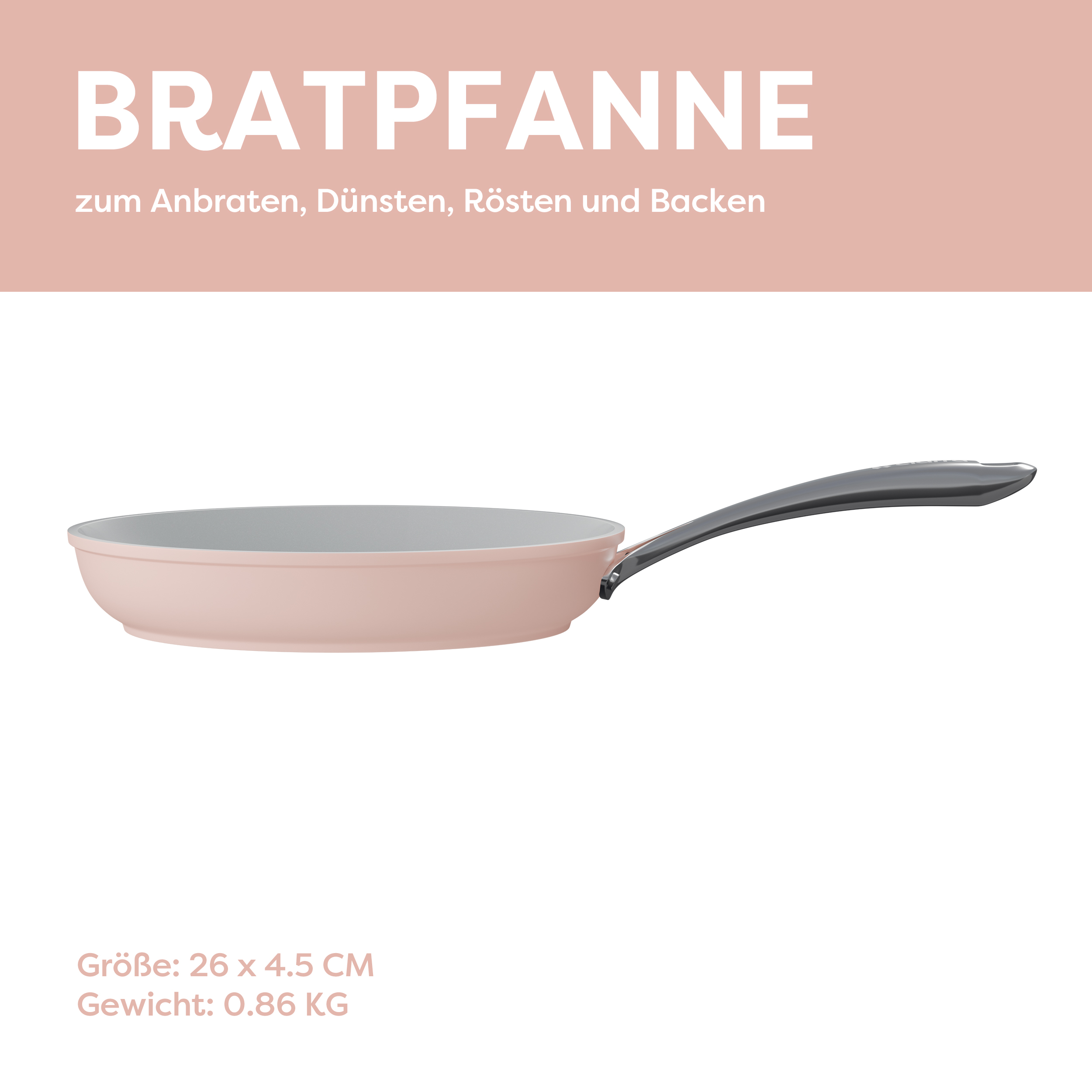 Rosa Bratpfanne mit schwarzem Griff und Text auf Deutsch, auf weißem Hintergrund.