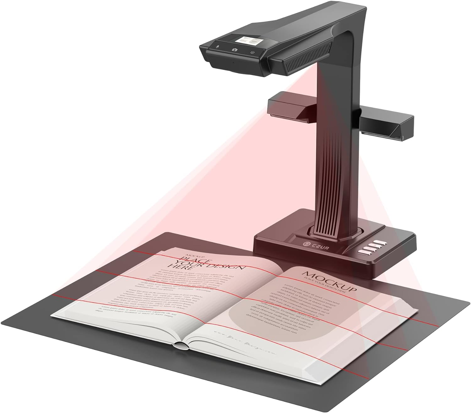 Scanner mit offenem Buch. Rotes Licht auf dem Buch, schwarze Oberfläche.