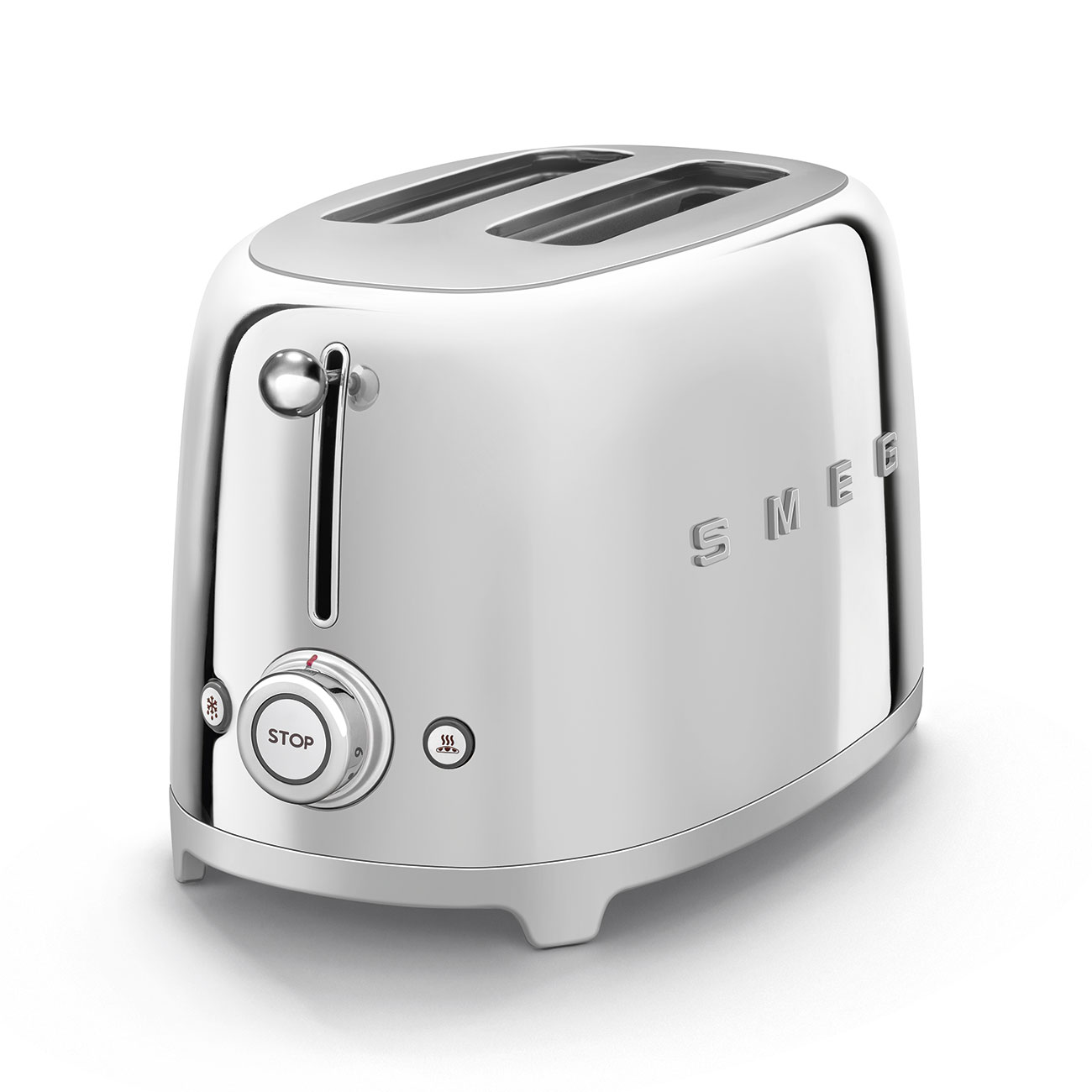 Weißer Smeg-Toaster mit Chromoberteil, auf weißem Hintergrund.
