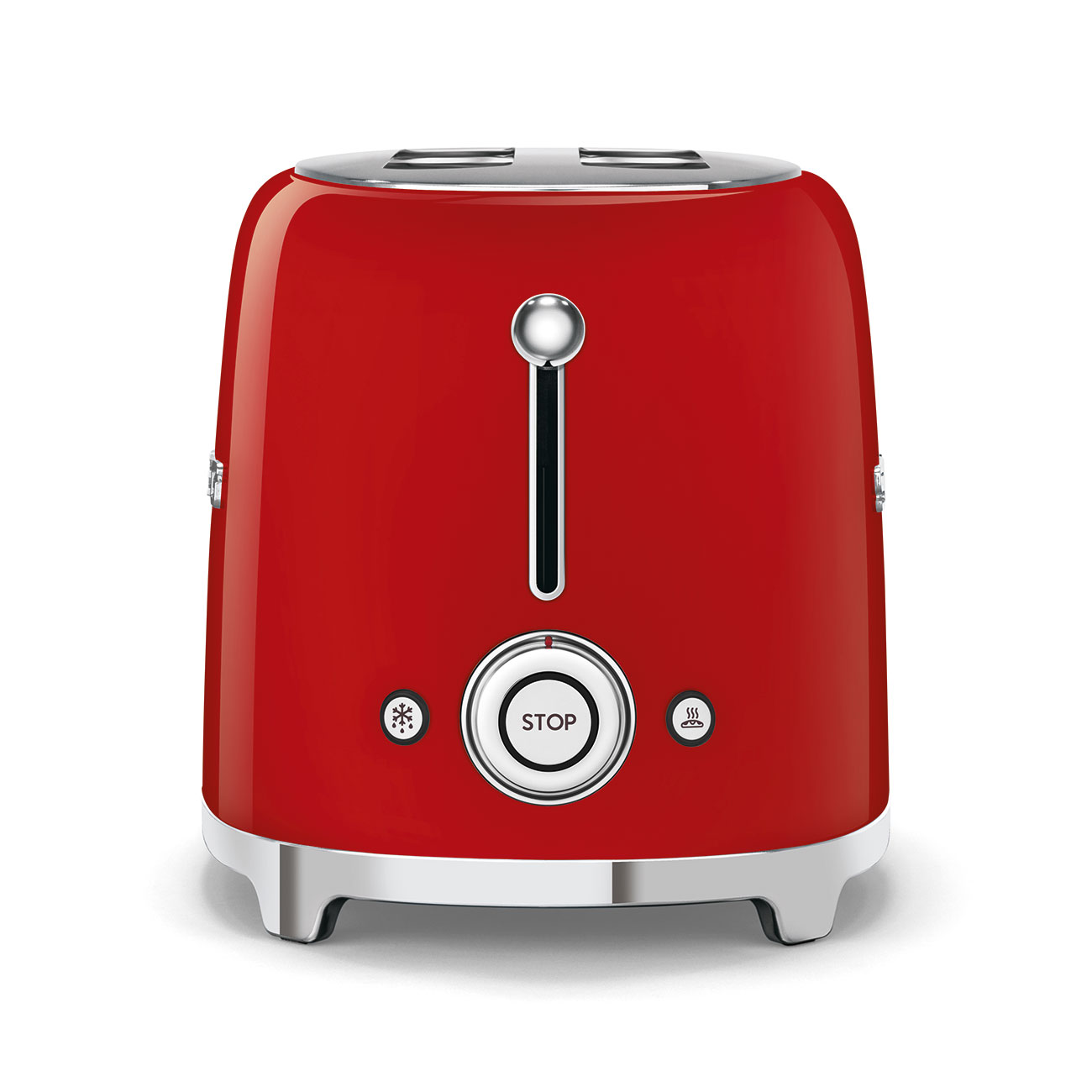 Roter Toaster im Retro-Stil mit Chromakzenten und Stopptaste.