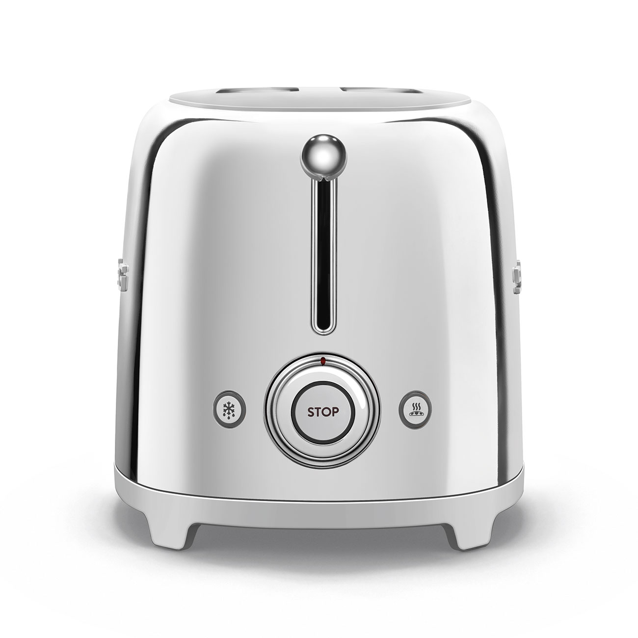 Glänzender Chrom-Toaster mit Stopp-Taste und Toast-Einstellungstasten.
