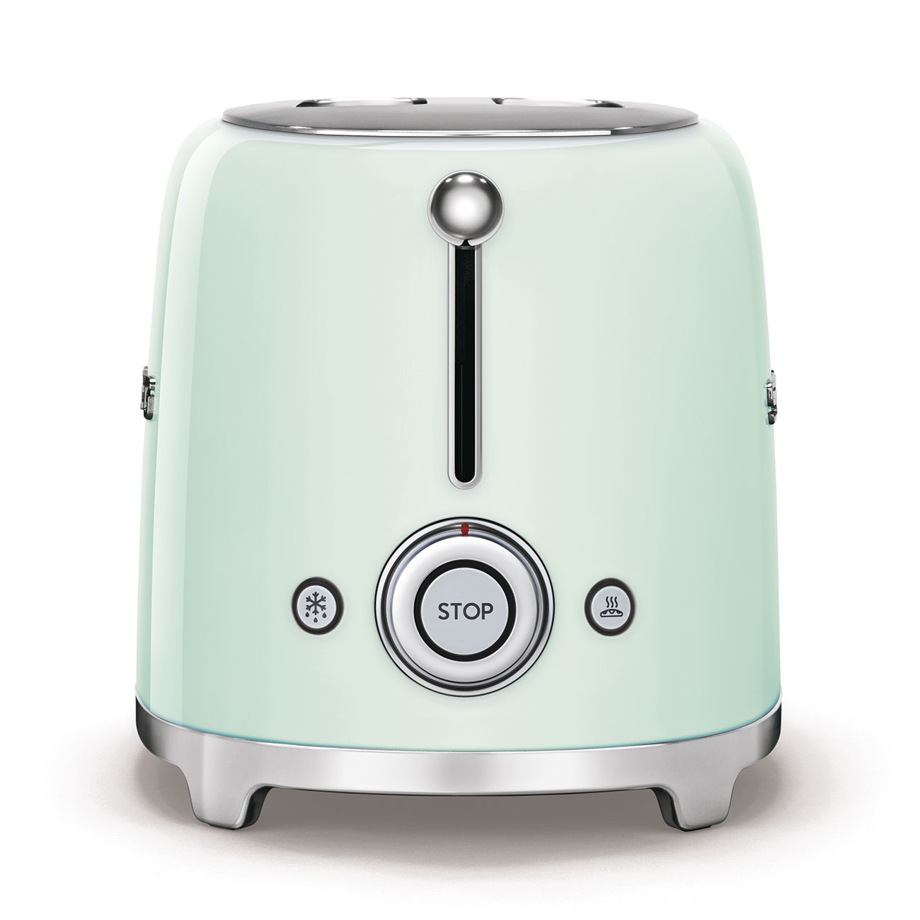 Minzgrüner Toaster mit Chromakzenten. Stopp-Taste in der Mitte. Zwei Schlitze sichtbar.