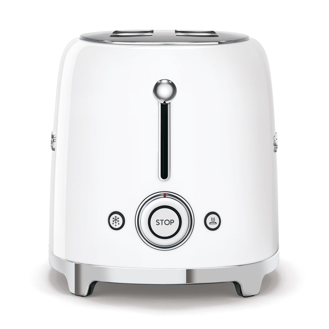 Weißer Toaster. Er hat eine Stopptaste und Einstellungen für Auftauen und Aufwärmen. Chrombasis.