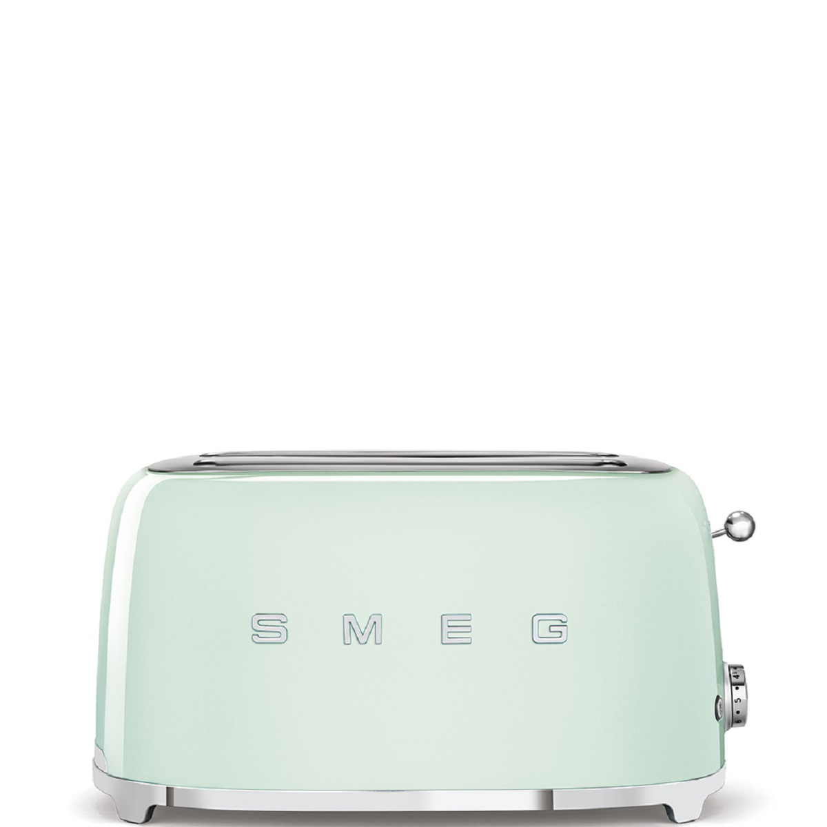 Minzgrüner SMEG Toaster mit Chromakzenten, auf weißem Hintergrund.