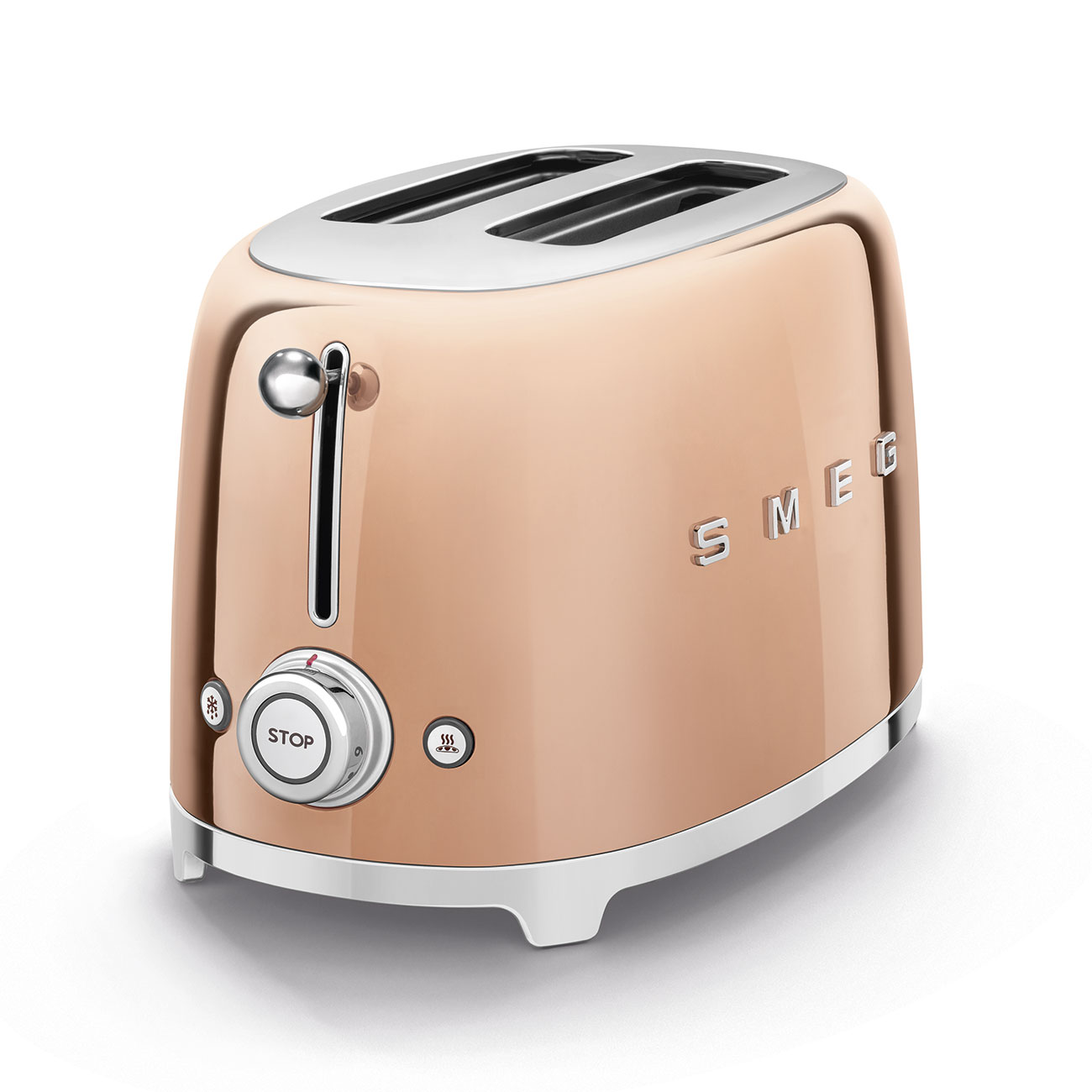 Roségoldener Smeg Toaster auf Weiß. Mit Schlitzen, Hebel und Knöpfen.