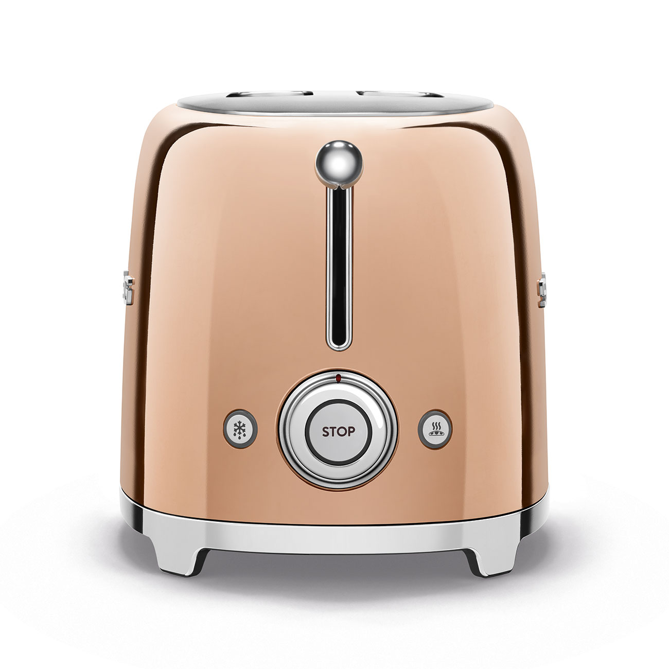 Roségold Toaster, Frontansicht. Silberakzente und Knöpfe. Weißer Hintergrund.