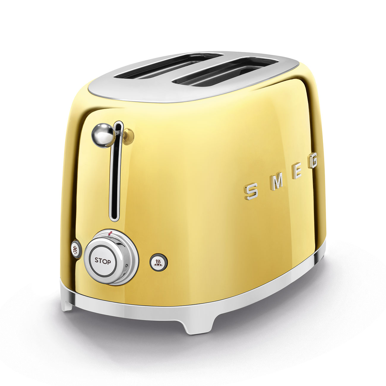 Gelber Toaster mit Chromakzenten, Knöpfen und dem Markennamen 'SMEG'.
