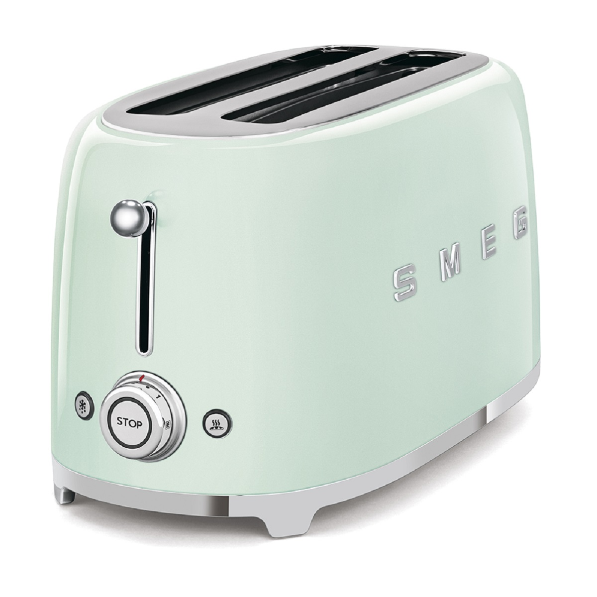 Ein hellgrüner Smeg-Toaster mit Chromakzenten. Es gibt Knöpfe für Toasteinstellungen.