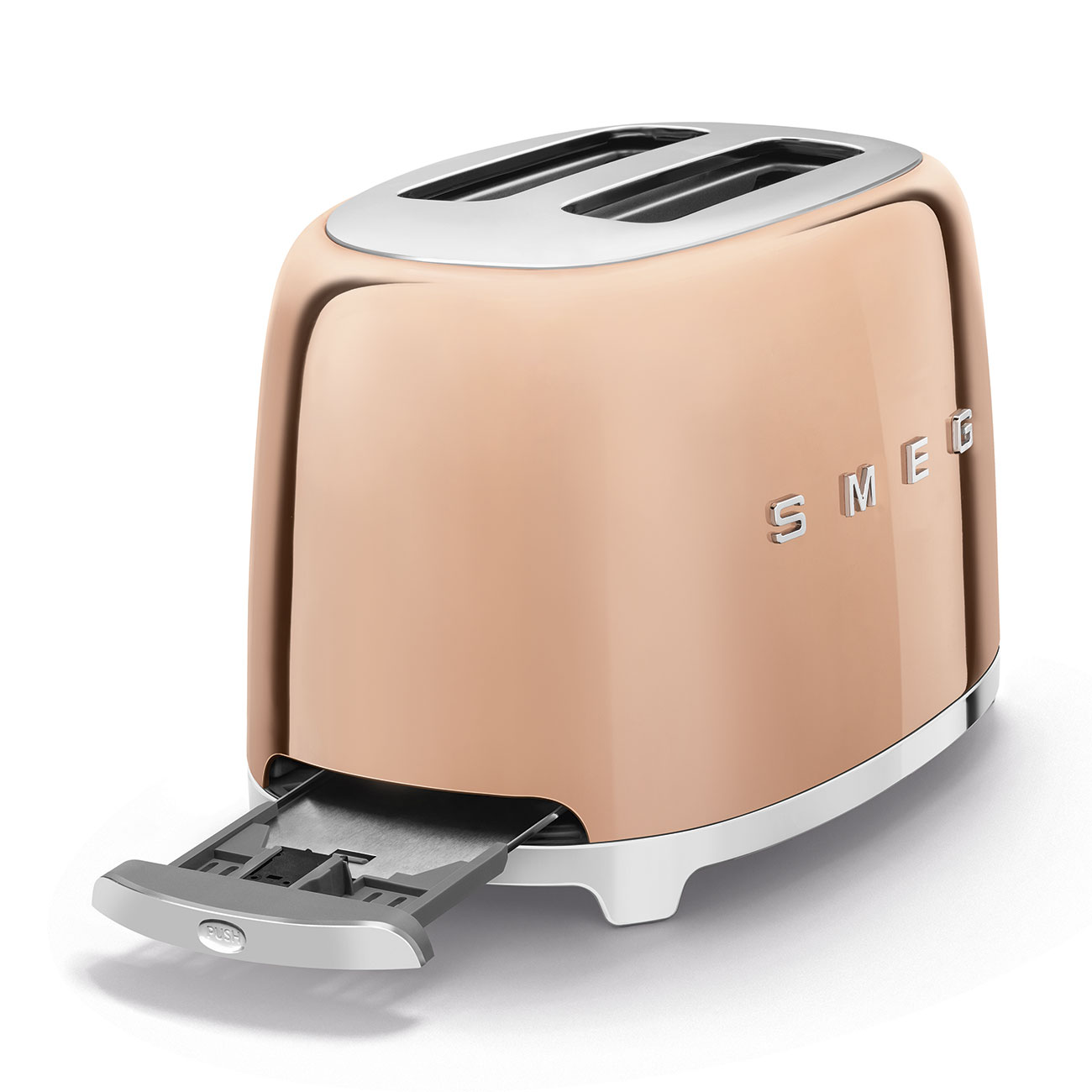 Ein roségoldener SMEG Toaster mit geöffneter Krümelschublade und Chromakzenten.