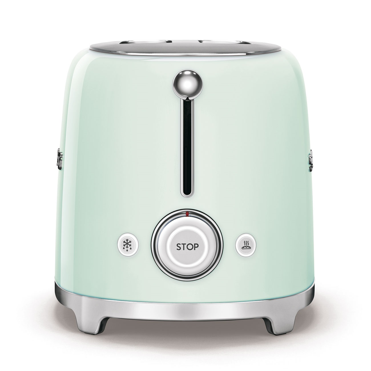 Ein mintgrüner Toaster im Retro-Stil mit silbernem Knopf und Stopptaste.