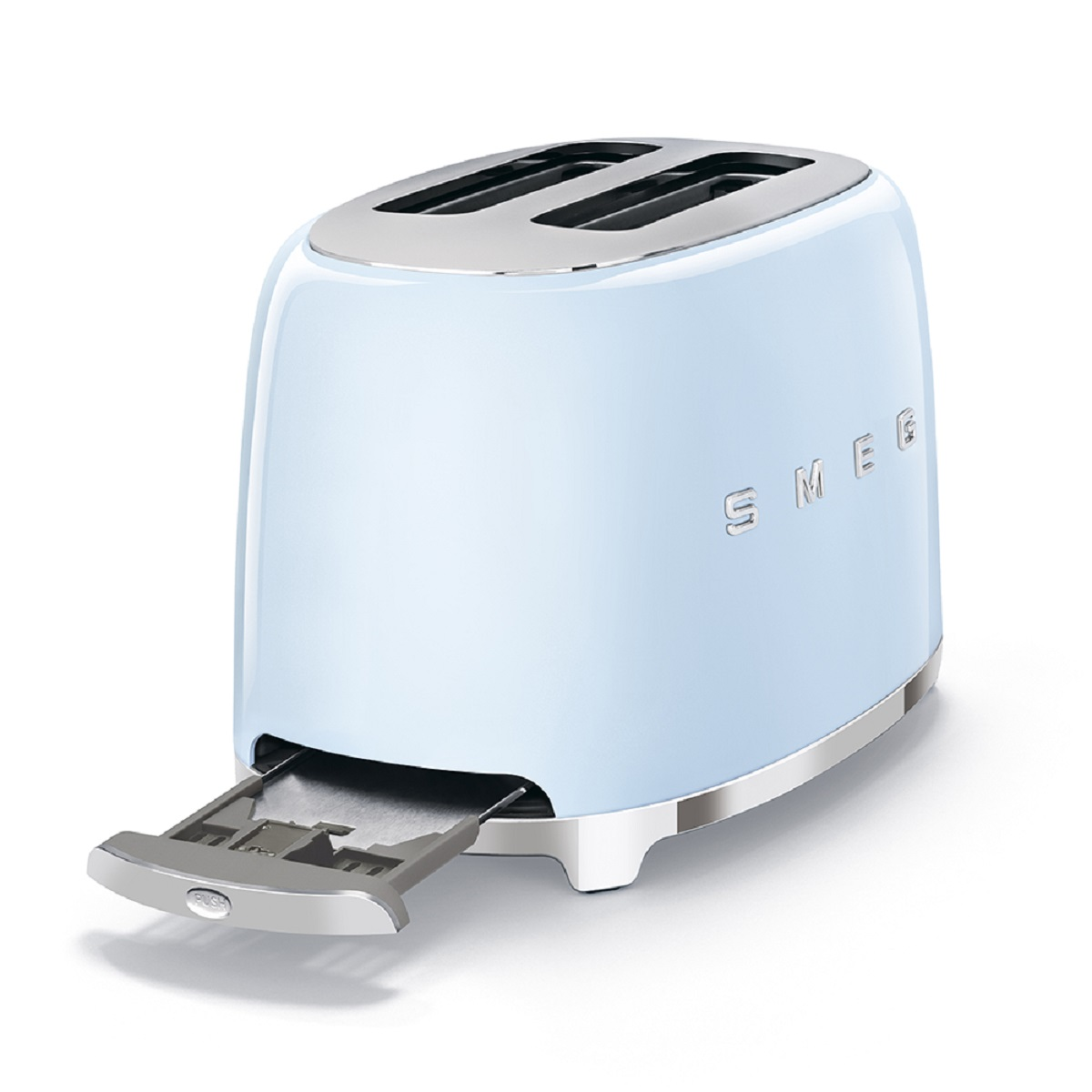 Hellblauer SMEG-Toaster. Chromakzente, zwei Schlitze und eine herausziehbare Krümelschublade sichtbar.