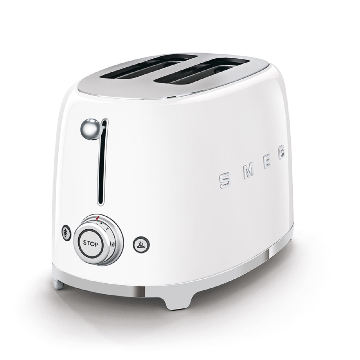 Weißer Smeg Toaster mit zwei Schlitzen, Chromdetails und einer Stopptaste.