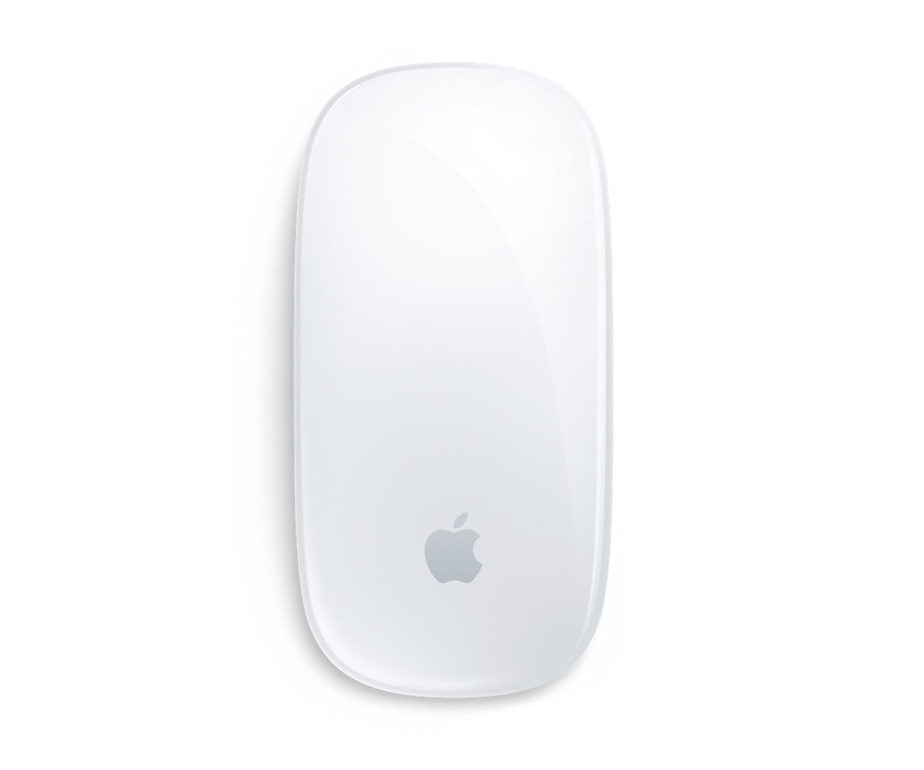 Biała mysz Apple Magic Mouse na białym tle. Widoczne logo Apple.