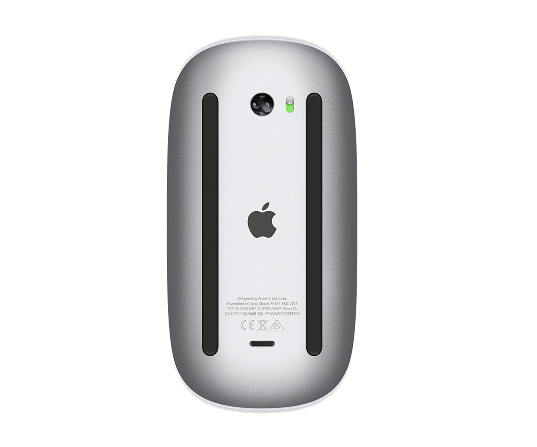 Srebrna mysz Apple Magic Mouse od spodu. Posiada logo Apple, port ładowania i nóżki.