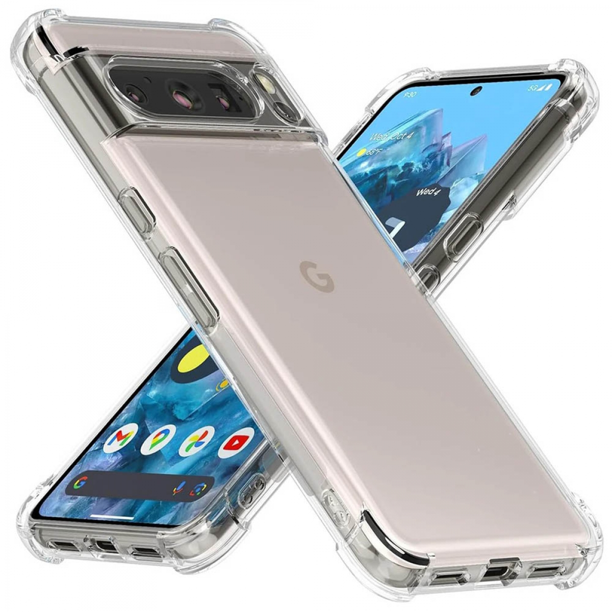 Zwei Smartphones in transparenten Hüllen, mit einer durchsichtigen Hülle und einem Telefon mit eingeschaltetem Bildschirm.