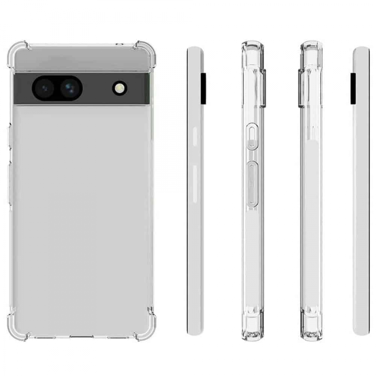 Transparente Handyhülle, die Telefonseiten zeigt. Enthält einen Kameraausschnitt und ein klares Design.