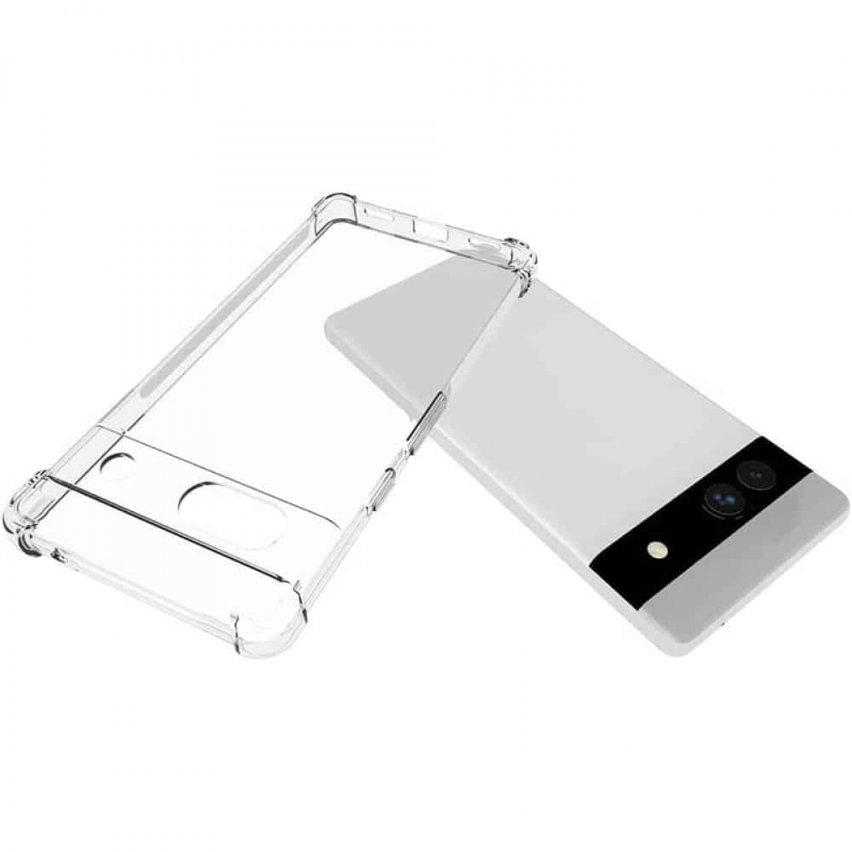 Transparente Handyhülle neben einem weißen Telefon. Die Handyhülle ist leer.