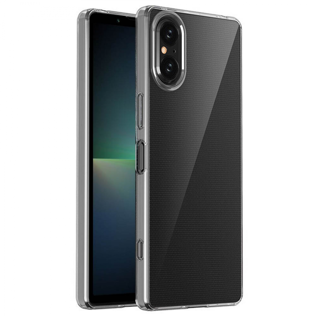 Transparente Handyhülle auf schwarzem Telefon, strukturiertes Muster.