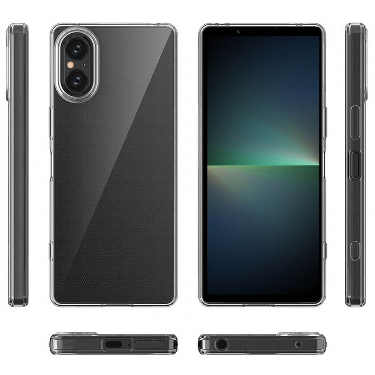Transparente Handyhülle, die ein Handy zeigt, Seiten- und Vorderansicht.