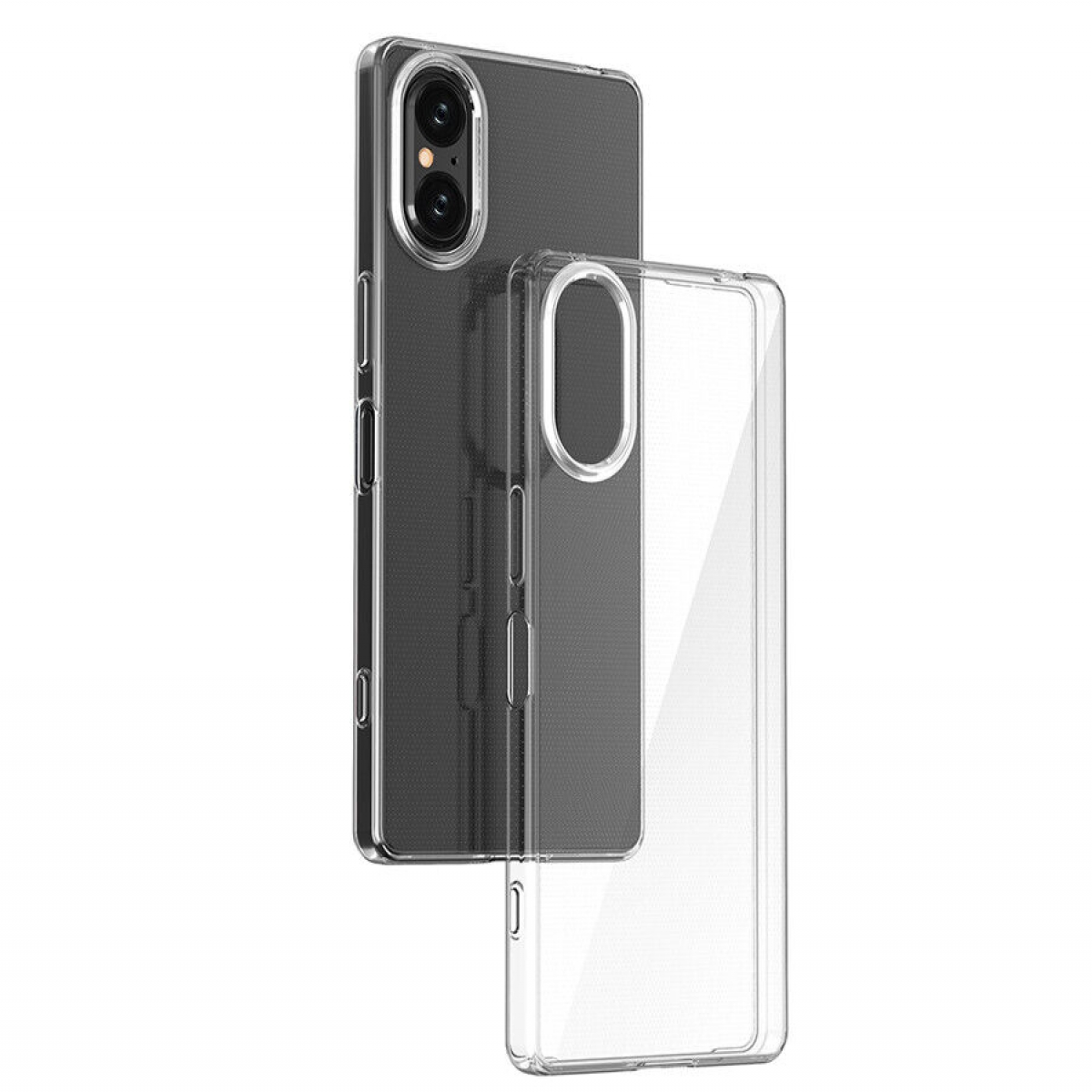 Handyhülle mit einem Telefon darin und eine weitere Hülle daneben, beide transparent, auf weißem Hintergrund.