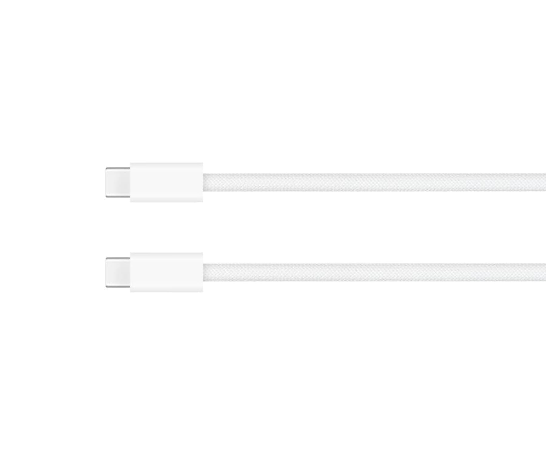 Twee witte USB-C-kabels met witte connectoren op een witte achtergrond, bovenaanzicht.