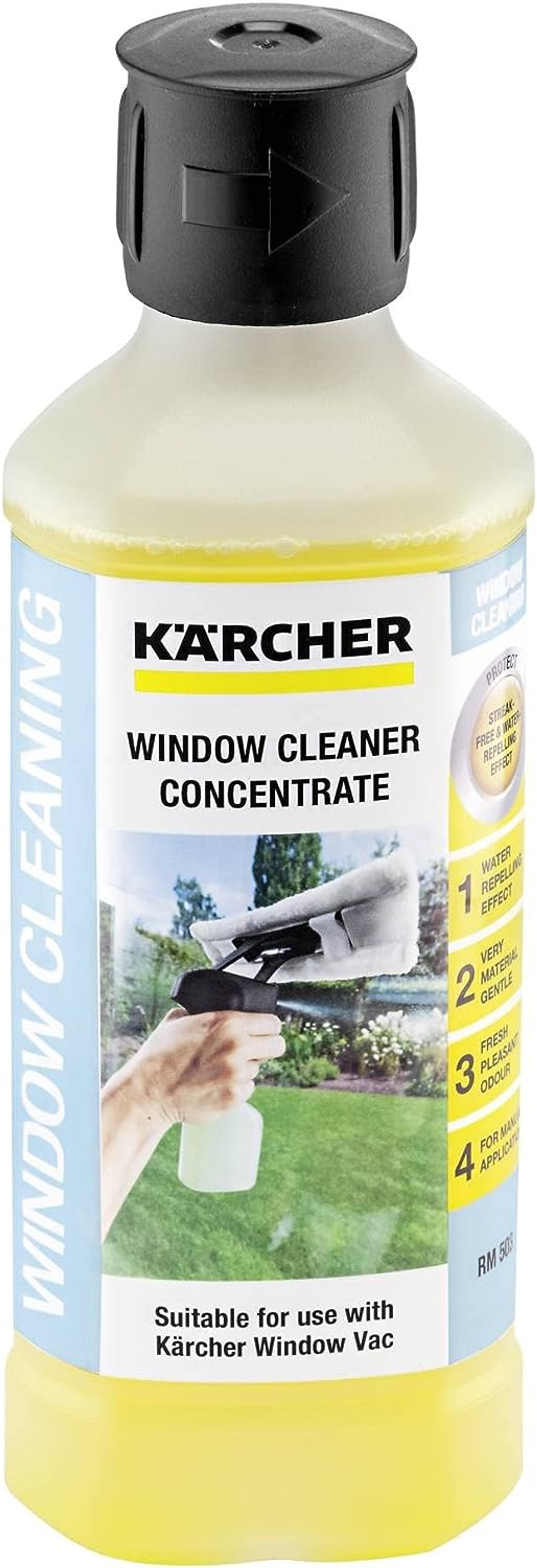 Flacone di concentrato per la pulizia vetri Kärcher, liquido giallo, con testo.