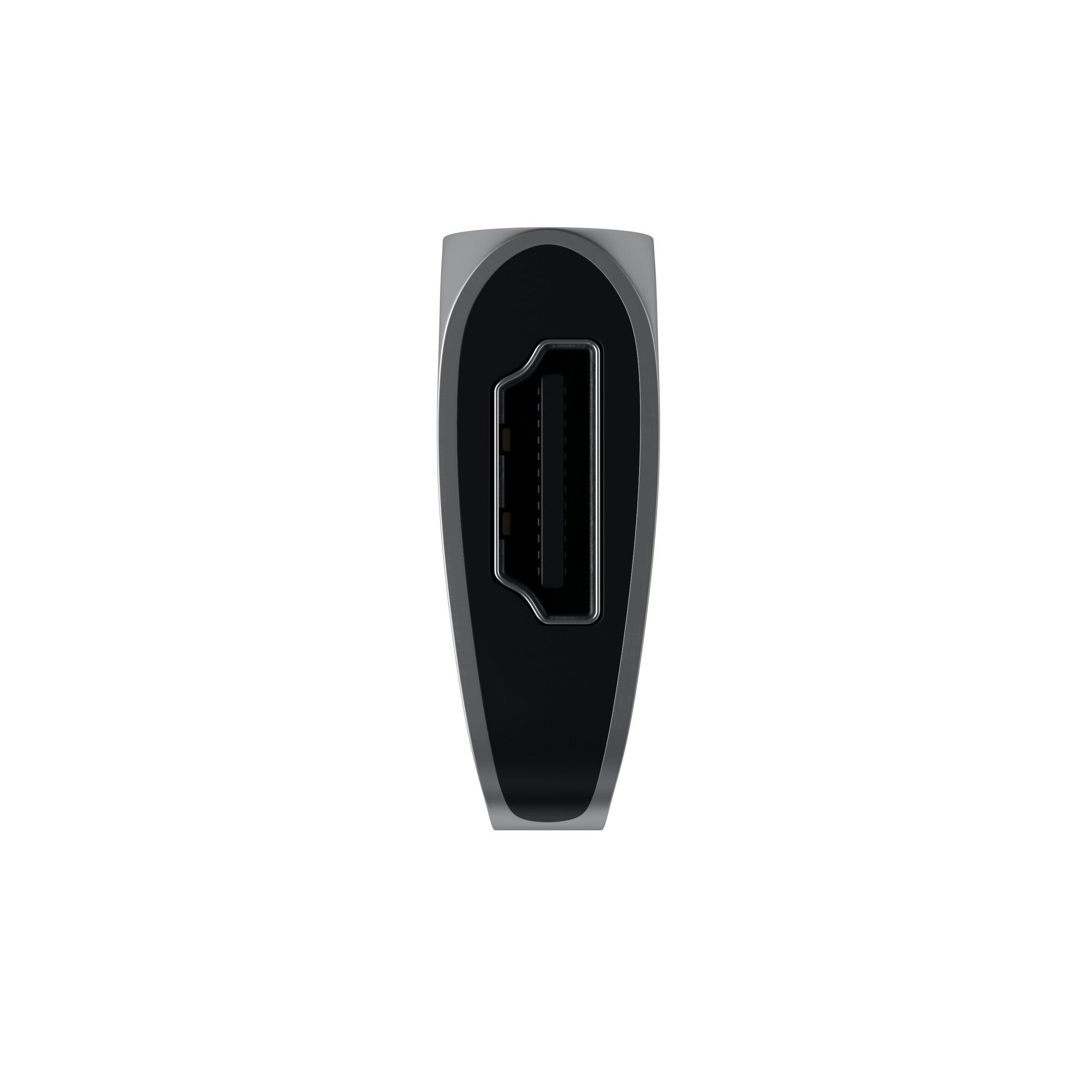 Un adaptador HDMI plateado con un puerto HDMI negro, visto desde un ángulo.