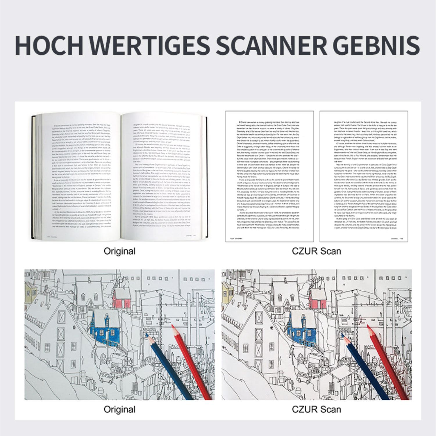 Buchseiten und Zeichnungen. Beispiele für Original- und gescannte Seiten. Weißer Hintergrund.