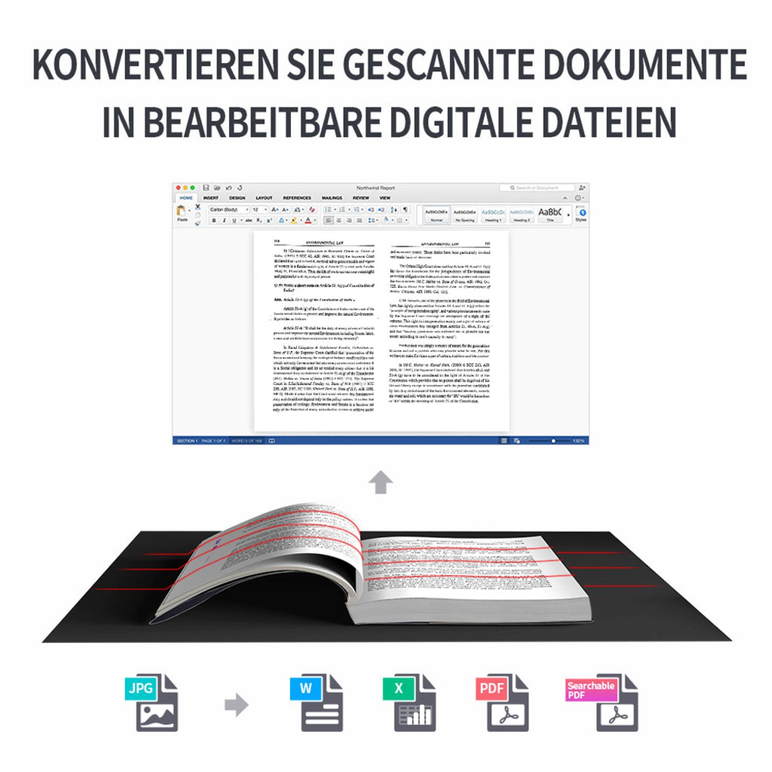 Bild zeigt die Umwandlung eines Buches in digitale Dateien mit Symbolen.