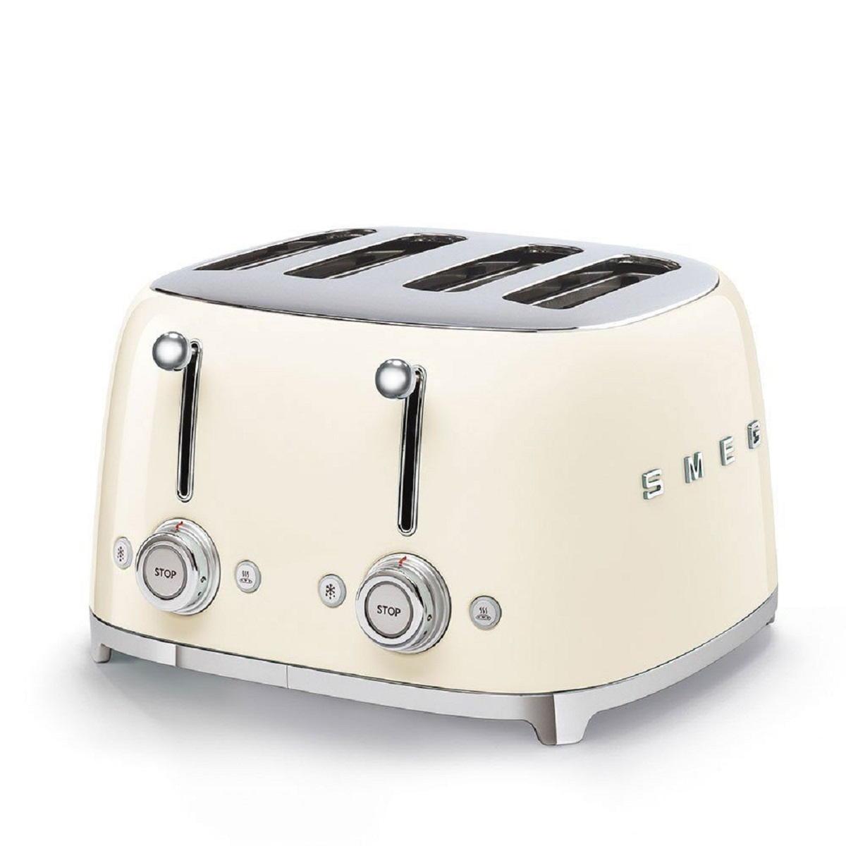 Ein cremefarbener SMEG-Toaster. Er hat 4 Schlitze und zwei Bedienknöpfe. Chromakzente sind sichtbar.