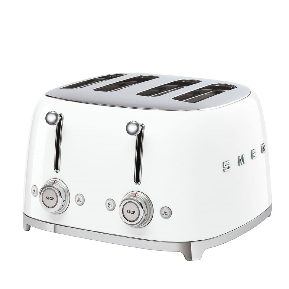 Weißer Toaster mit vier Schlitzen. Chromakzente und zwei Bedienknöpfe. Smeg steht auf der Seite.