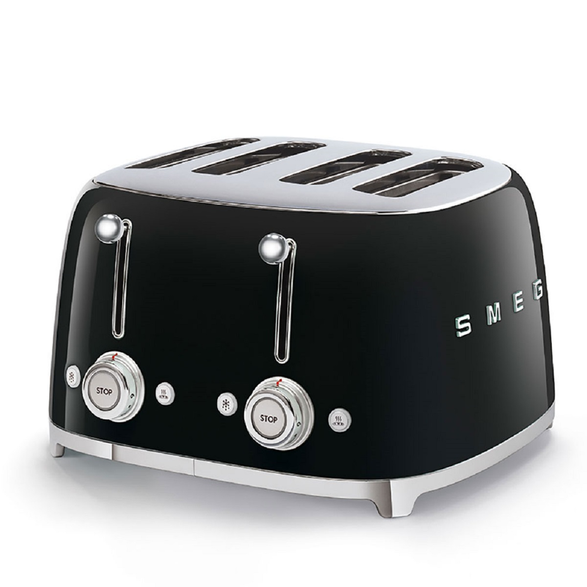Ein schwarzer Smeg-Toaster mit vier Schlitzen, Chromakzenten und zwei Bedienknöpfen.