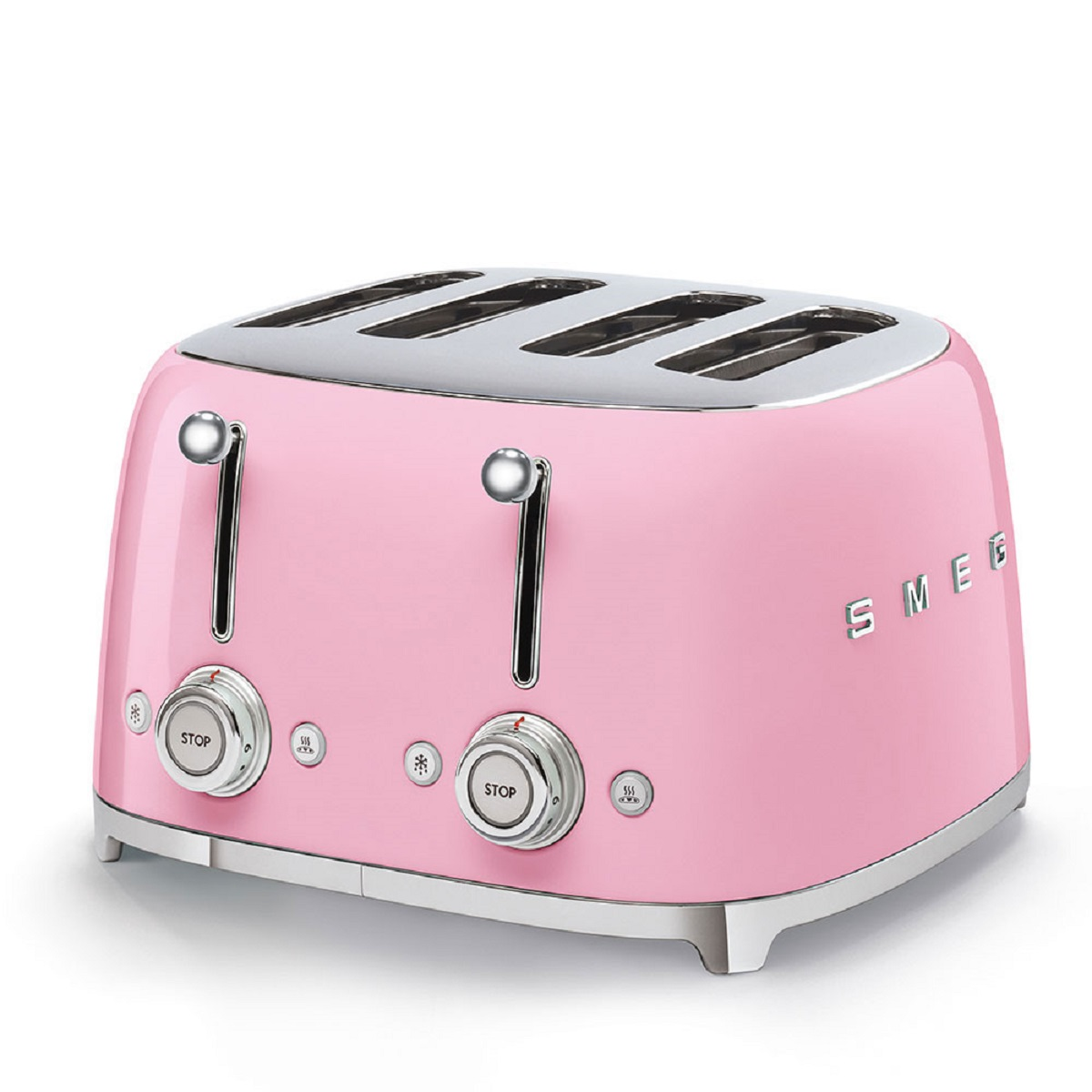 Ein rosa SMEG-Toaster mit vier Schlitzen und silbernen Bedienelementen auf weißem Hintergrund.
