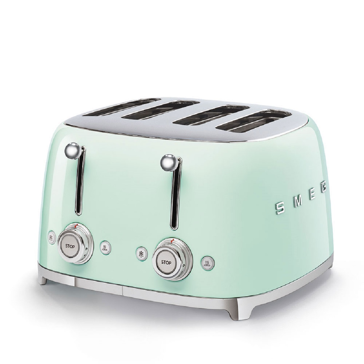 Ein mintgrüner Vier-Scheiben-Toaster. Er hat zwei Hebel und das Wort SMEG auf der Vorderseite.