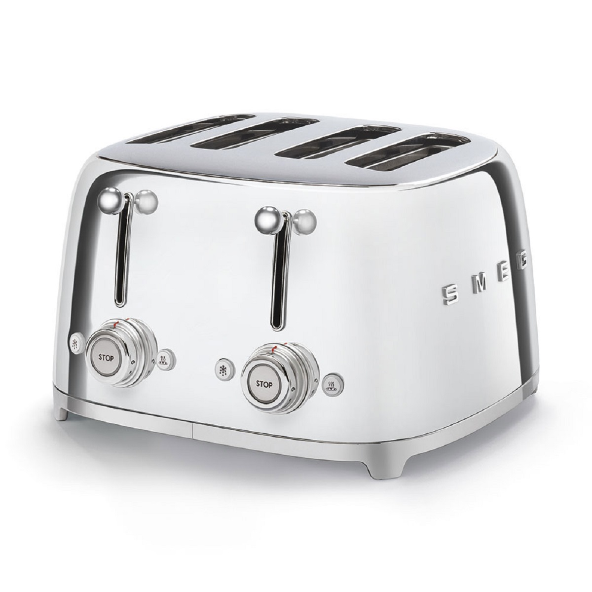 Silberner Vier-Scheiben-Toaster mit Chrom-Bedienelementen. Der Toaster hat den Markennamen 'SMEG' an der Seite.
