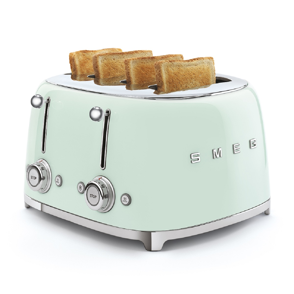 Minzgrüner Toaster im Retro-Stil mit vier Toastscheiben darin.