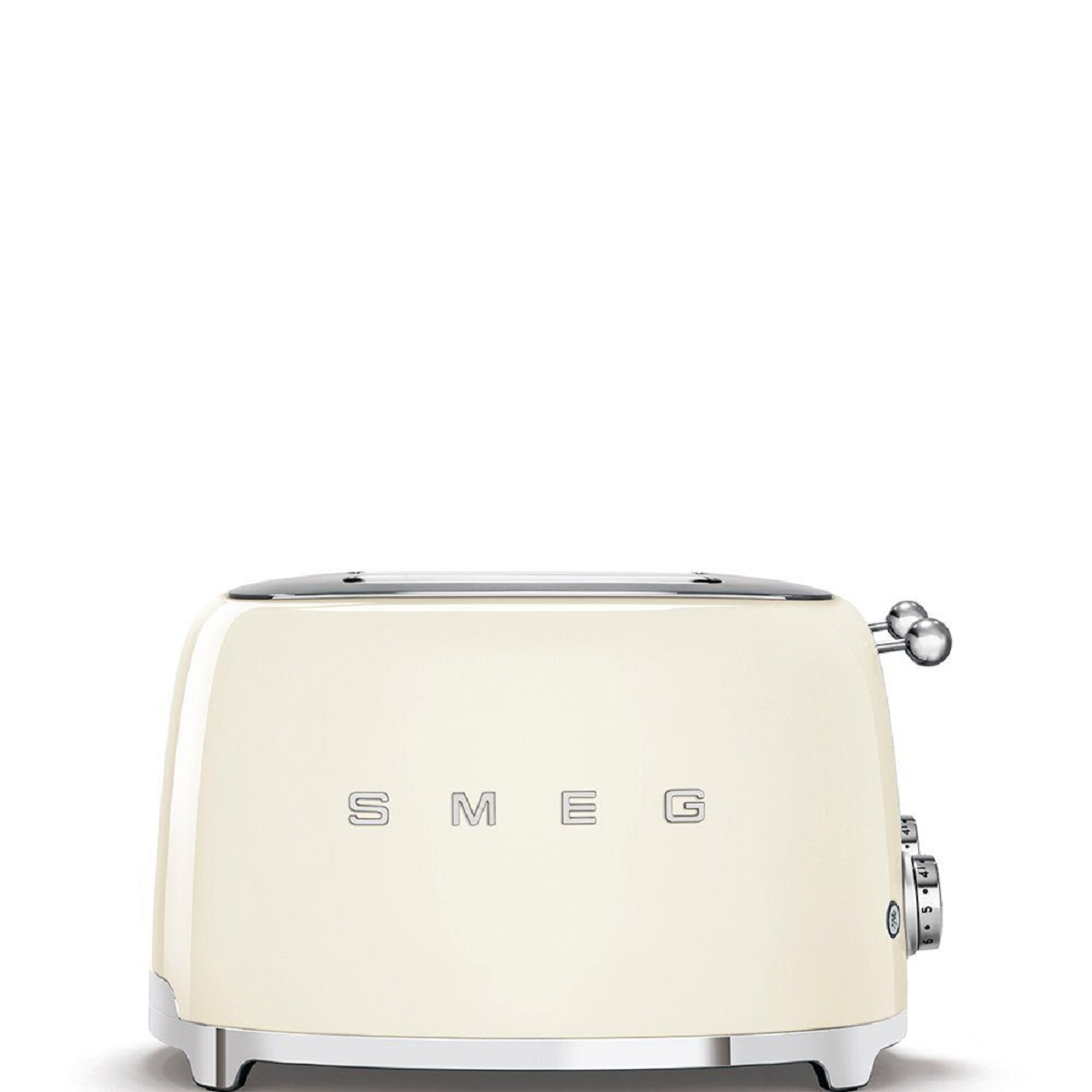 Cremefarbener SMEG-Toaster mit Chromakzenten, zwei Schlitzen und Einstellrädern.