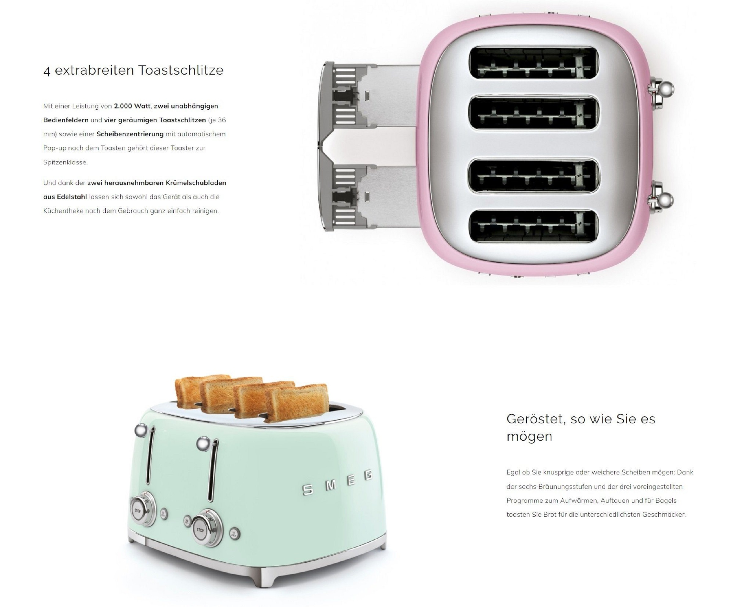 Ein rosa und ein mintgrüner Toaster mit dem Text '4 extra breite Toastschlitze'.