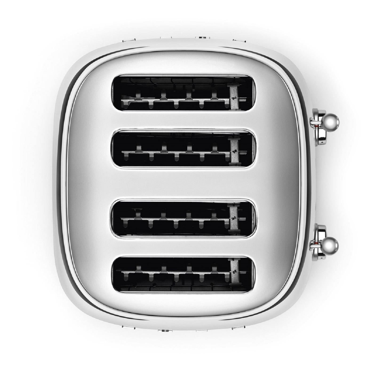 Ein silberner Toaster mit vier Schlitzen und weißem Hintergrund. Er hat zwei Knöpfe an der Seite.