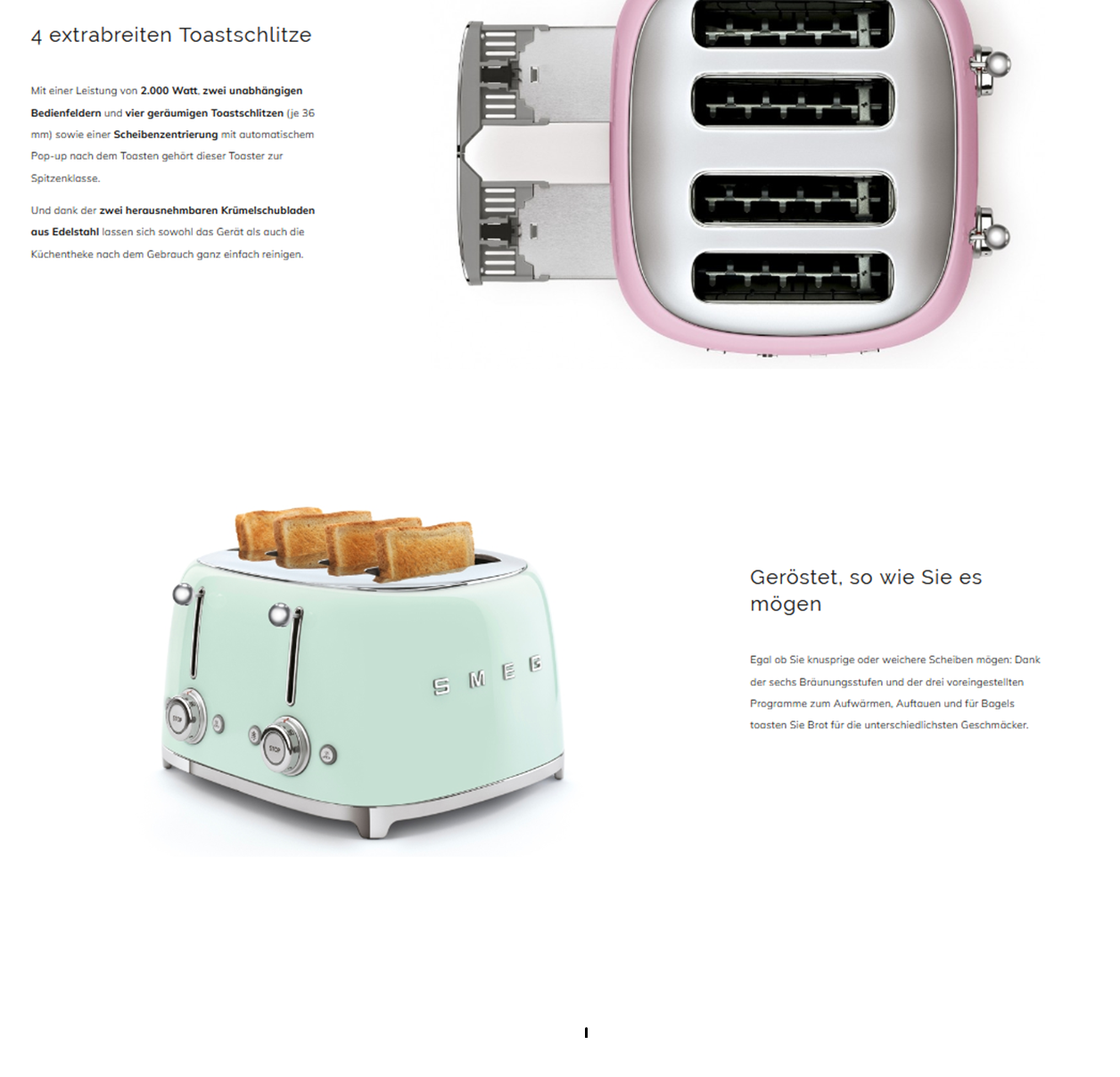 Zwei Toaster, rosa und mint, mit Text. Der Hintergrund ist weiß.