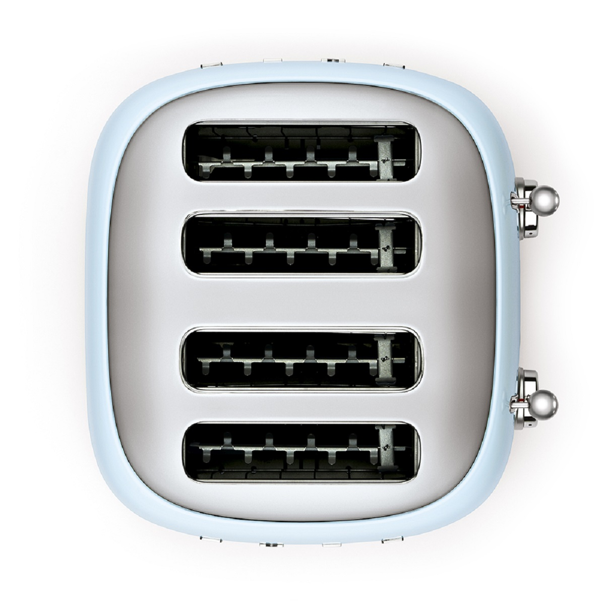 Ein blauer Toaster mit vier Schlitzen, Draufsicht, mit Knöpfen und einem Hebel.