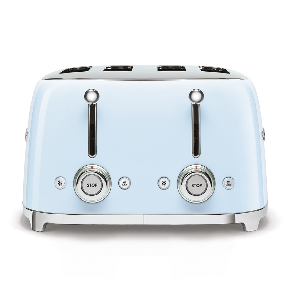 Ein hellblauer Toaster mit zwei Schlitzen. Es hat Stopptasten und Einstellungen.