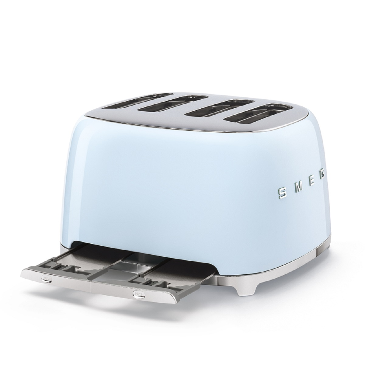Hellblauer Smeg-Toaster mit vier Schlitzen und Chromakzenten, auf weißer Oberfläche.