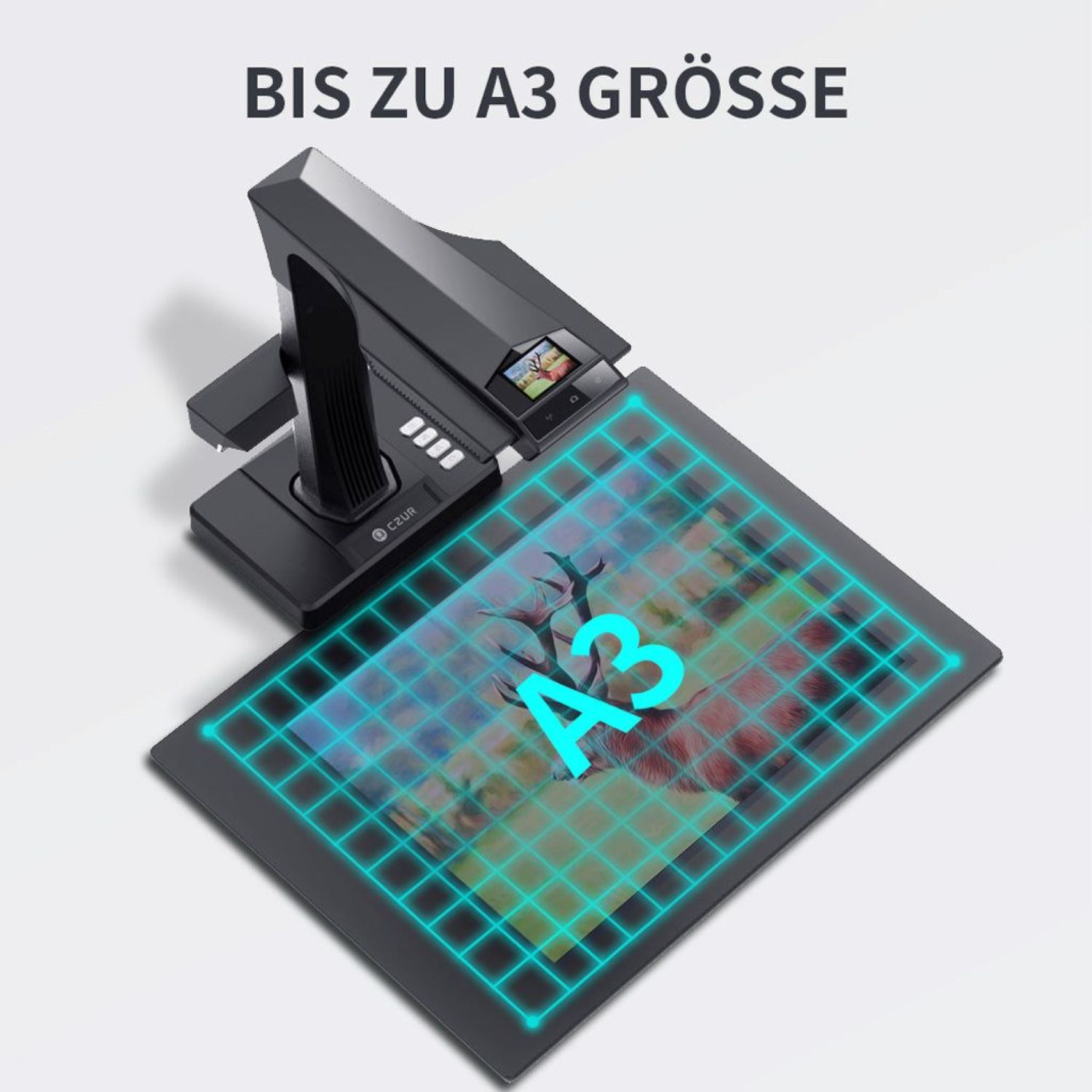 Schwarzer Scanner mit A3-Raster, zeigt Bild. Text 'BIS ZU A3 GRÖSSE' oben.