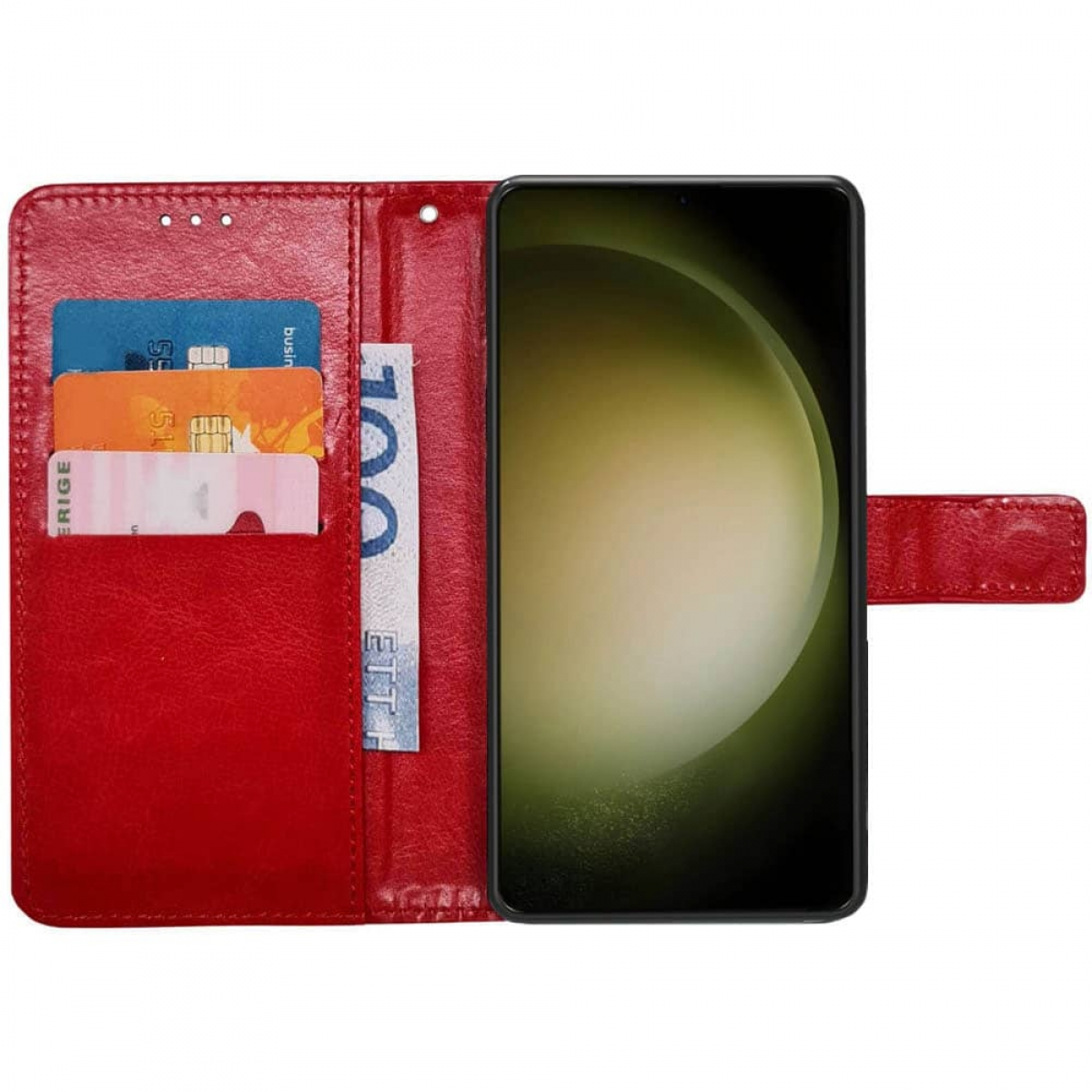 Eine rote Leder-Handyhülle mit Karten und einer Rechnung im Inneren. Ein Telefon wird auf der rechten Seite angezeigt.