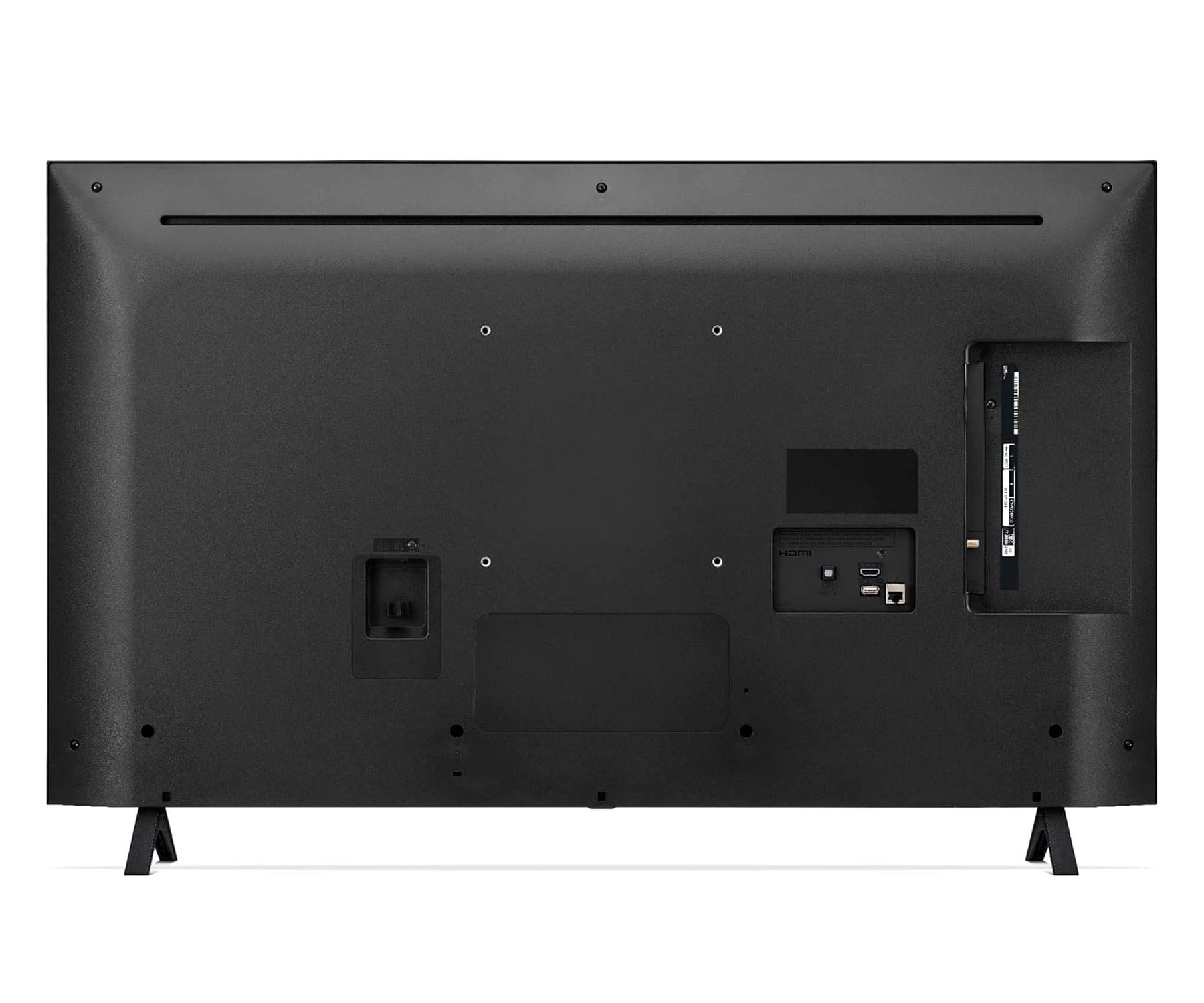 Tył czarnego telewizora z portami i podstawą na białym tle.