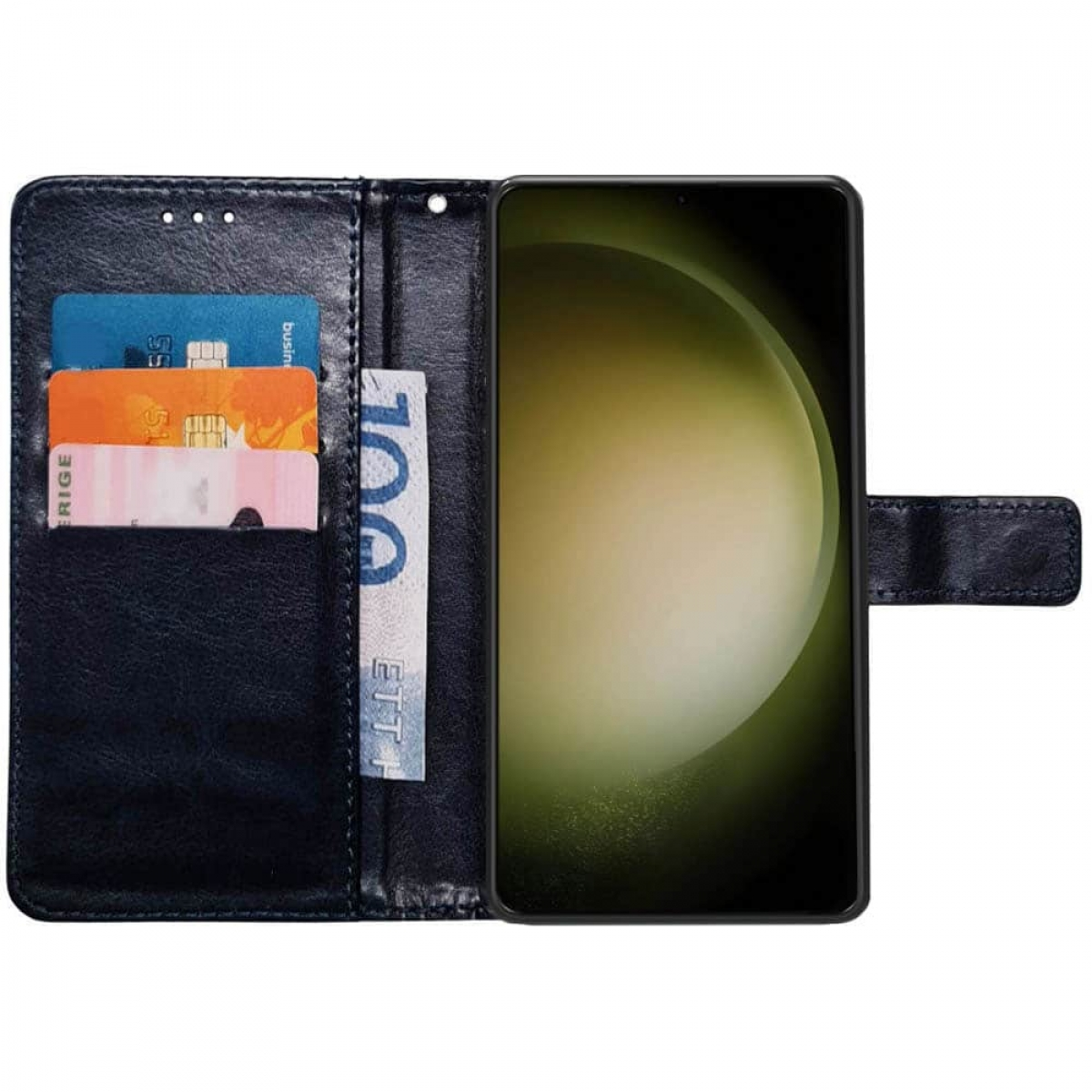 Leder-Geldbörsenetui mit Karten und Geld, Telefonbildschirm sichtbar.
