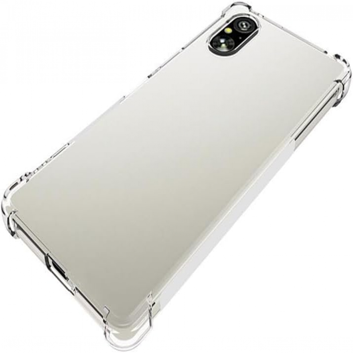 Eine transparente Handyhülle auf einem weißen Telefon mit Dual-Kamera.